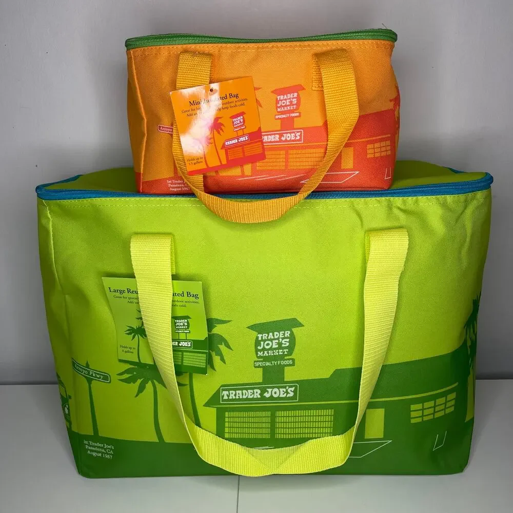 Set of 2 Trader Joe’s Insulated Cooler Bags — Large + Mini — Lime Green + Orange